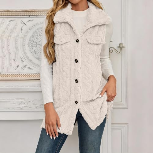 Womens Long Vest Jackets Fleece Fuzzy Sleeveless Button Down with Pockets - image 2