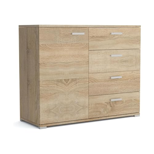 Brent - Kommode mit 4 Schubladen und 1 Turen 100 cm Breit Brixton, Sideboard für Wohnzimmer oder Schlafzimmer, Komodenschrank, Kommode Sonoma Eiche