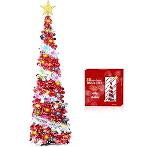 TURNMEON 5Ft Tinsel Valentines Day Tree Decor with Star 50 LED Color Lights Timer Battery Powered Balls Sequins Pop Up…
