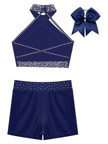 easyforever Kids Girls Figure Skating Gymnastics Dance Outfits Shiny Rhinestone Crop Tops with Shorts and Headwear Set4
