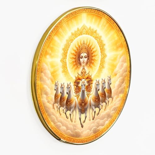 Image of 7 Running Horse Wall Art Painting With Frame For Living Room| Seven Horses Surya Dev Vastu Decor Framed Painting | Sun God Spiritual Round Wall Hanging for Home, Office & Gifting, 12 Inch