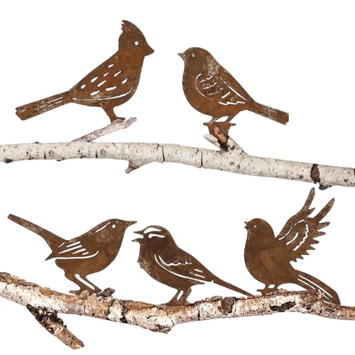 BOFUNX 5 Stück Rost Vogel Gartendeko Roststecker für Draußen Metall Vögel Gartenstecker Baumstecker Rost Deko mit Schraube für Gartendekoration Frühling Bäume Deko