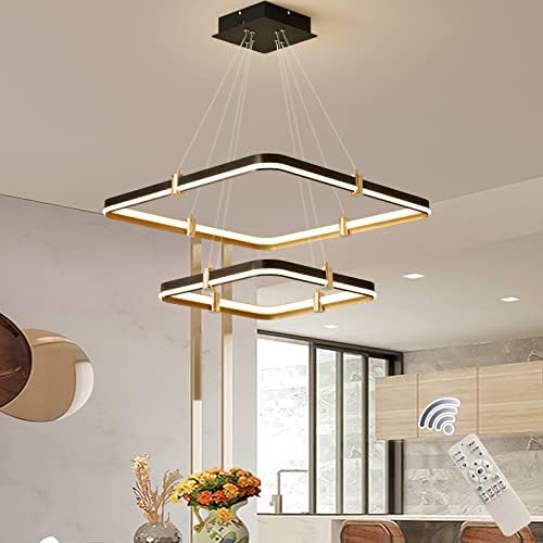 Siittoo Modern Black Chandelier Dining Room Light Fixture, 96W Dimmable LED Modern Pendant Light, 2-Ring Rectangular Chandelier Hanging Light Fixture for Kitchen Island Living Room Hall, Φ=24''+16''