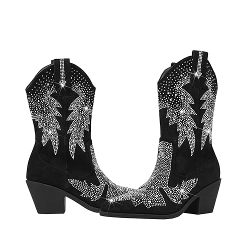 Women's Sparkly Rhinestone Bling Cowgirl Suede Western Boots Shiny Pointed Toe Chunky Heel Glitter Ankle Booties3