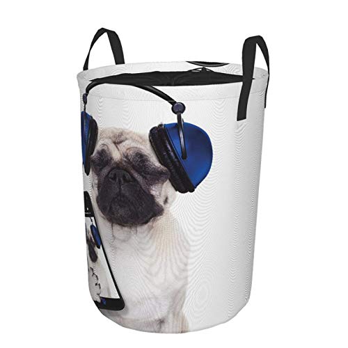 Faltbarer Schmutzige Kleidung Wäschekorb,Mops Hund Musik hören auf dem Smartphone Groovy Coole Kopfhörer Tier Lustiges Bild Marineblau
