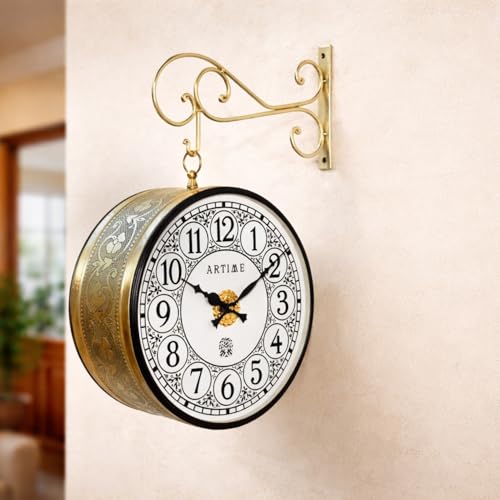 Image of Handcrafted Double Side Metal Analog Vintage Wall Clock | 1.5 Year Machine Warranty | 12 INCHES | 1 Side Number 1 Side Roman,Color L-Golden