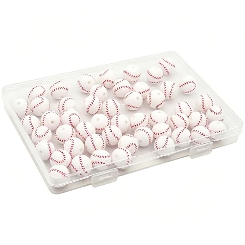 [YEITIADY] 50PCS Baseball Silicone Beads 15mm - Premium Sports Focal Beads for Beadable Pens Bracelet Keychain Making & Lanyards - Soft Round Silicone Craft Beads with Clear Storage Box