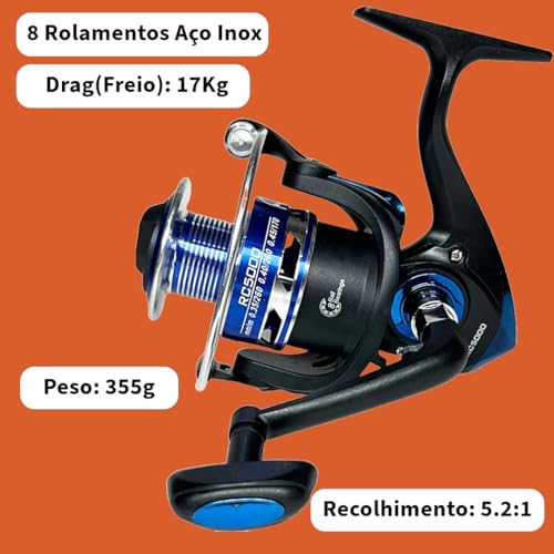 MARURI, Molinete Pesca Pesada Alto Mar RC 5000-8 Rolamentos - 5.2:1 - Drag: 17kg - Carretel Aluminio