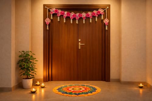Image of iHandikart, Handmade Decorative Flower Toran, Color - Pink, with Artifical Pink Flower, Square Moti Chudi, Beads, Size - 40x15 Inch, Perfect Used for - Festival Decoration, Home Decor, (IHK-T161)