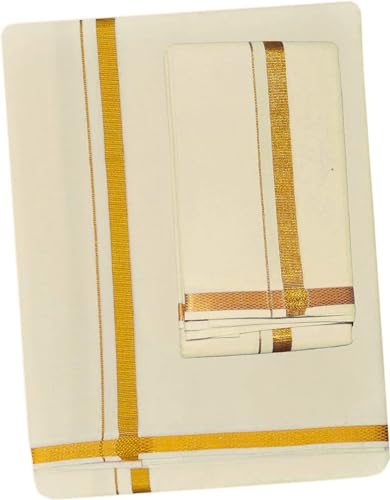 Image of PRAKASAM COTTON - Jari Border Cotton Blended Dhoti For mens & Matching Jari Border Towel (Angavastaram)