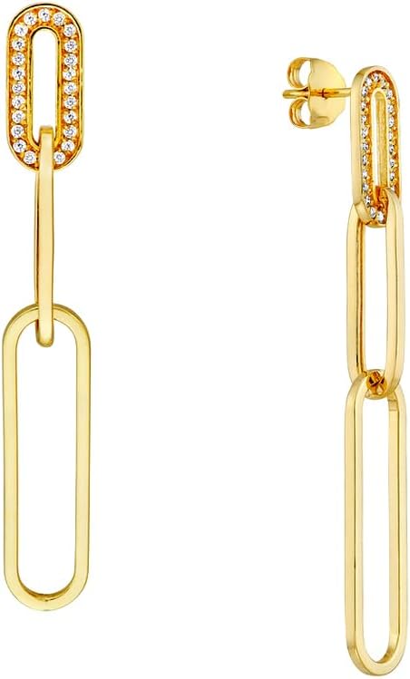 14k Yellow Gold .25tcw Diamond Trim Paper Clip Long Drop Dangle Earrings Clip on Earring for Women