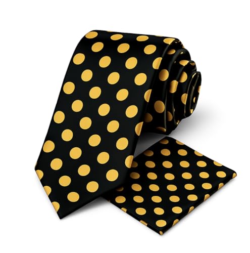 Oliver George Mens Polka Dot Necktie & Pocket Square Handkerchief Set for Suit or Tuxedo (Yellow Gold Black)
