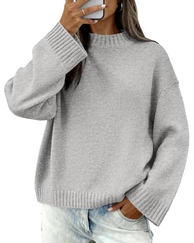 BTFBM Sweaters for Women 2026 Casual Crewneck Long Sleeve Loose Ribbed Knit Pullover Sweater Winter Clothes Fall Outfits(Light Grey, X-Large)