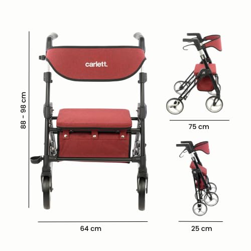 Carlett – Lett Ride | Rollator mit abnehmbarem Sitz und Rückenlehne | Abnehmbarer Korb | 4-fach höhenverstellbarer Lenker | Gehstockhalterung | Medizinprodukt der Klasse I | Ruby