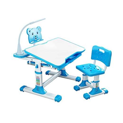 Kids Desk and Chair Set, Height Adjustable Kids Table and Chair Set, Home School Use Anti-Reflective Children Study Table with LED Light/Reading Board/Pull-Out Drawer (70 x 50cm, Tiltable Blue)