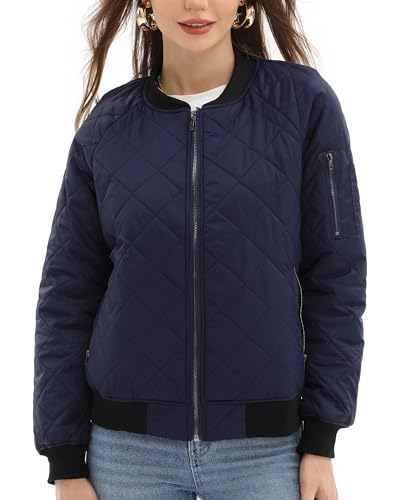 Argstar Bomber Jacket for Women, Long sleeve Puffer Quilted Casual Padded Outewear Coat with 5 Pockets Navy Blue L