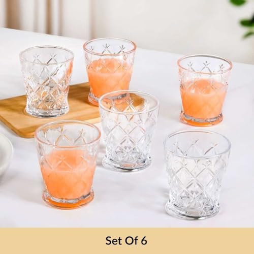 Image of Nestasia Transparent Set of 6 Small Juice Glasses (245 ml Each) - 100% Food Safe & Chip Resistant Diamond Cut Tapering Tumblers - Ideal for Water, Tea, Coffee & Refreshments