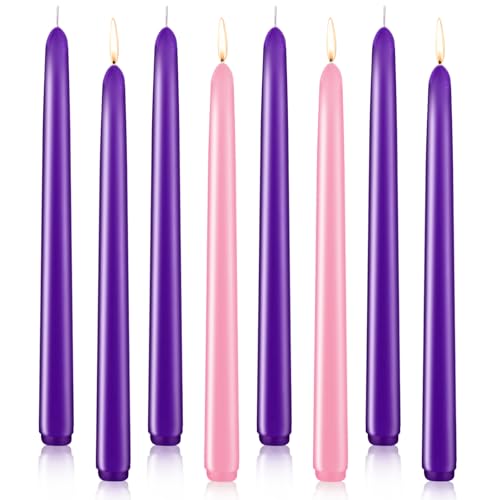 Advent Taper Candles, Unscented Candles for Christmas, Valentine's Day and Christmas (Pack of 8-6 Purple, 2 Pink Packages) 10 Inch, Smokeless, Non-Drip, Clean Burning