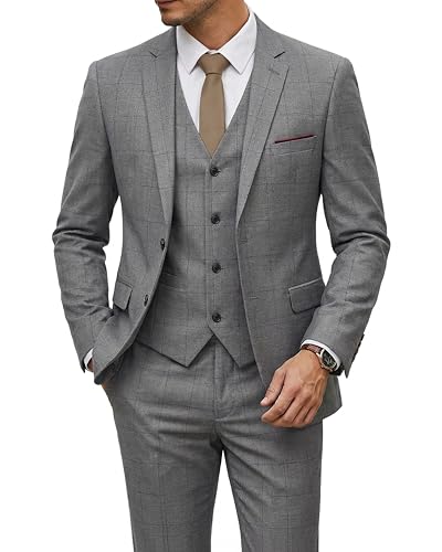 Image of YND Men's 3 Piece Suit with Tie, Solid Color Slim Fit Jacket Vest and Pants