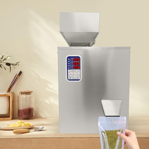 Automatic Weighing Filling Machine in operation, showing soybeans being poured into the hopper and dispensed into a bowl.