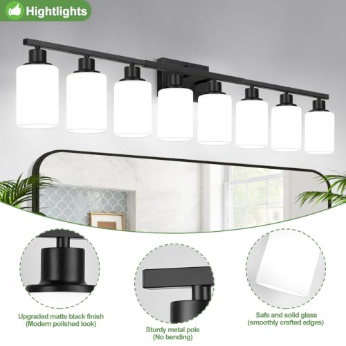 Image of Indoi 8-Light Bathroom Light Fixtures, Matte Black Modern Vanity Lights with Milky White Shades, Bathroom Wall Lamp for Mirror Living Room Cabinet Bedroom Porch