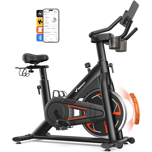 Merach Magnetic Exercise Bike, Low Noise Stationary Bike for Home with Comfortable Seat Cushion, Spinning Bike with 330 lb Weight Capacity, Exclusive App, Tablet Mount and Fitness Courses