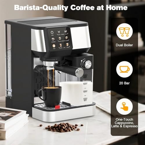 Espresso Coffee Machine, Dual Boiler, 20 Bar Pump, One Touch Cappuccino, Latte And Espresso Maker, With Milk Frother, 2L Water Tank, 700ml Milk Container, Adjustable Cup Height, For Home Barista - Image 2