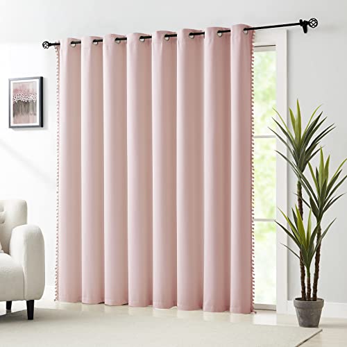 Image of Pink Sliding Door Curtains 100x84inch Length 100% Blackout Extra Wide Pom Pom Room Divider Curtain Panels Thermal Insulated Patio Door Curtains for Kids Nursery Room 1 pc Blush Pink Grommet Top