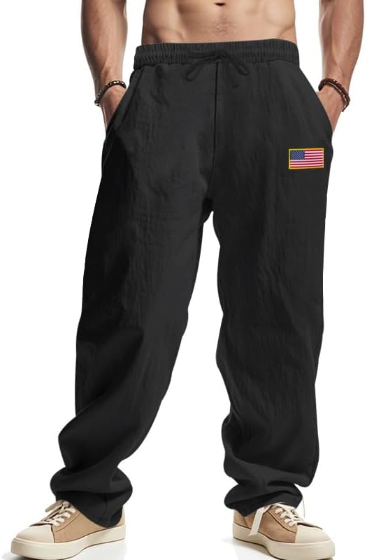 Mens Linen Blend Wide Leg Pants with USA Flag Patch Drawstring Waist Casual Trousers