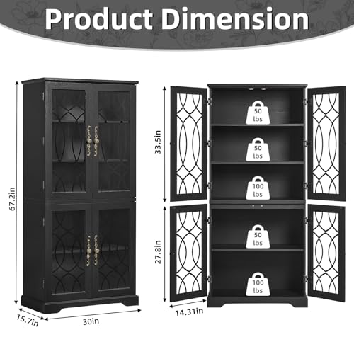 Image of Joaxswe 67 inch Tall Pantry Cabinet, Wood Kitchen Pantries Cabinets with Glass Doors & Adjustable Shelves, Freestanding Vintage Cupboard with Large Storage for Dining Room, Bathroom, Black