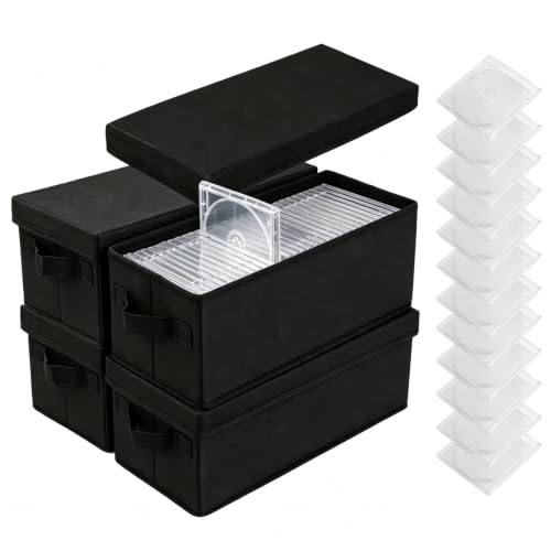 QZDAFFIC Pudełko do przechowywania płyt CD, 4 sztuki, z 12 przezroczystymi pokrowcami na płyty CD, składane etui na płyty DVD, pudełko do przechowywania, pomieści 60 CDS w cienkich obudowach (czarne)