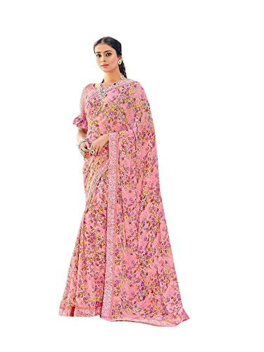 Sari indien imprimé georgette rose avec chemisier assorti