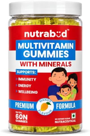Nutrabud Multivitamin Gummies for Kids, Men, Women, Adults | No Added Sugar | For- Healthy Growth, Immunity & Energy | Mango Flavor Veg Gummy Bears Supplement - 60 Count (Pack Of 1)