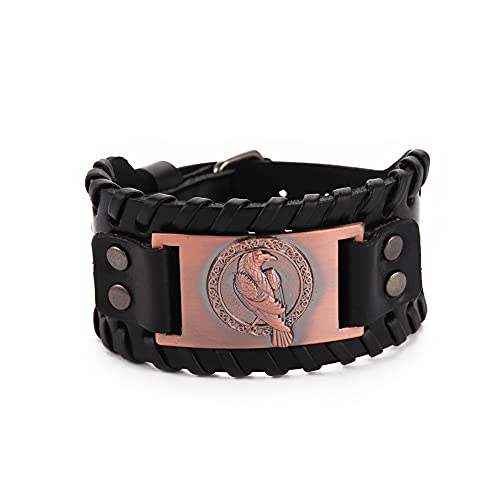 TEAMER Wikinger Odins Rabe Lederarmband für Männer Schwarz Braun Wickelgürtel Krähenarmbänder Nordischer Keltischer Pagan Amulett Schmuck (Stil 1 Antikes Kupfer)