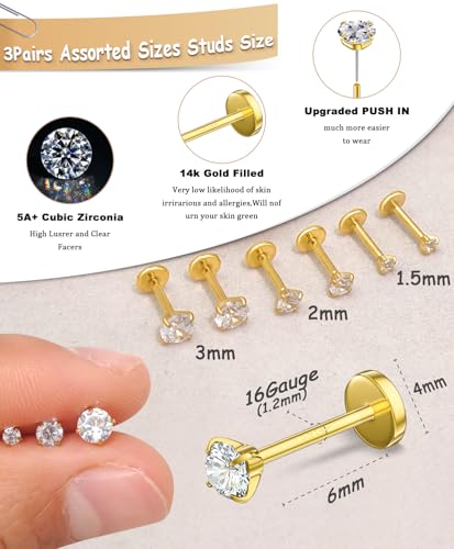 14K Gold Plated Gold Cartilage Hoop Earrings Double Hoop 16G Helix Earrings with 3 Pairs Threadless Flat Back Studs, 316L Surgical Steel Hypoallergenic Piercing Jewelry for Women & Men3