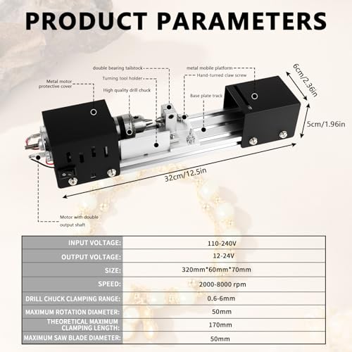 Drehbank Metall, Mini Drehmaschine 2000-8000U/min, Kleine Drechselbank mit 7 Gang Einstellung und Präzisionsbohrfutter, Drechselmaschine für Dreh, Schleifen und Polieren