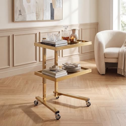 2-Tier Metal Rolling Cart – 34-Inch Folding Stainless Steel Salon Tray on Wheels, Utility Storage Trolley for Estheticians, Salon Studios and Shops, Dental Tools, Gold by WEMAKMAK - Image 2