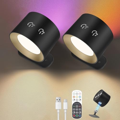 QCXWCJWD Battery Operated Wall Lights 2Pack, Rechargeable LED Wall Lamp,15 RGB & Dimmable Magnetic 360°Rotatable Sconces Wall Lighting, Remote and Touch Control for Bedroom Livingroom Reading(Black)