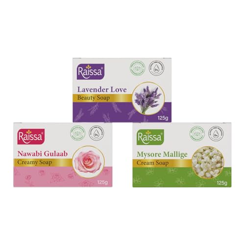 Image of Raissa Bath Soap, 125g (Pack of 3) Nawabi Gulaab, Lavender Love and Mysore Mallige | Alcohol-Free Fragrance | No Harsh Chemicals -Jasmine, Rose and Lavender Fragrances