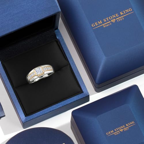 Gem Stone King 925 Silver and 10K Yellow Gold 5MM Princess Cut Gemstone Birthstone and 2.4MM Round Lab Grown Diamond Statement Ring For Men | Available in Size 7-134