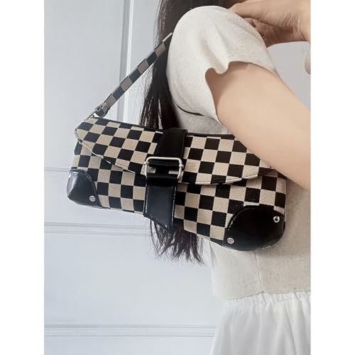 Checkered Crossbody Bag Y2k Checkerboard Saddle Bag Plaid Shoulder Purse with Buckle Strap Retro Punk Saddle Purse 2000s2
