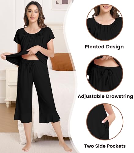 Image of NACHILA Pajamas for Women-Viscose Made from Bamboo,Short Sleeve Sleepwear Cooling Pjs Top with Capri Pants Pajama Sets