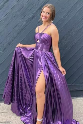 Yuxin Sparkly Metallic Prom Dresses with Slit for Women 2025 Halter Satin Long A Line Pleated Formal Evening Gowns 8684