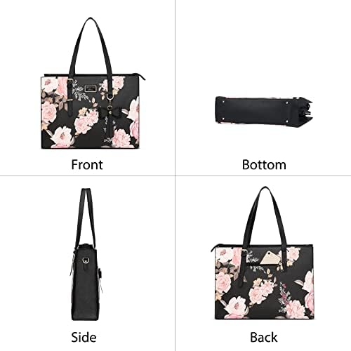 MOSISO Laptop Tote Bag Compatible with MacBook Pro 16 inch 2022 2021 M1 A2485/2019-2020 A2141&15-15.6 inch Notebook, Peony PU Leather Travel Work Briefcase with Detachable Bowknot & Small Purse, Black