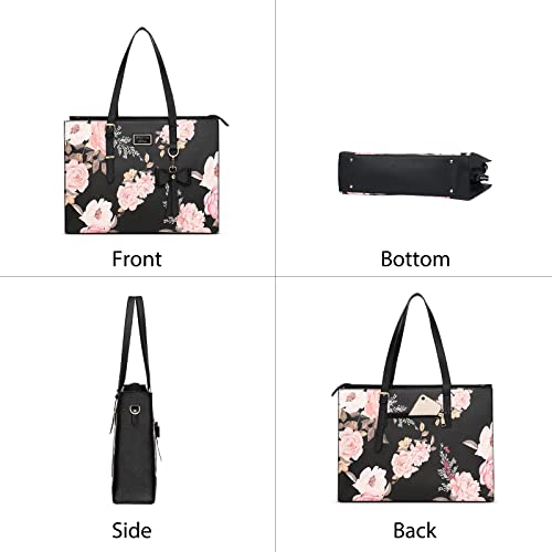 Mosiso Laptop Tote Bag Compatible With Macbook Pro 16 Inch 2022 2021 M1 A2485/2019-2020 A2141&15-15.6 Inch Notebook, Peony Pu Leather Travel Work Briefcase With Detachable Bowknot & Small Purse, Black #TOP3