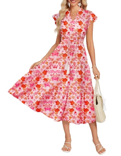 GRACE KARIN Damenkleid mit Kordelzug, Flatterärmel, V-Ausschnitt, müde A-Linie, Weiß-rotes Blumenmuster, M