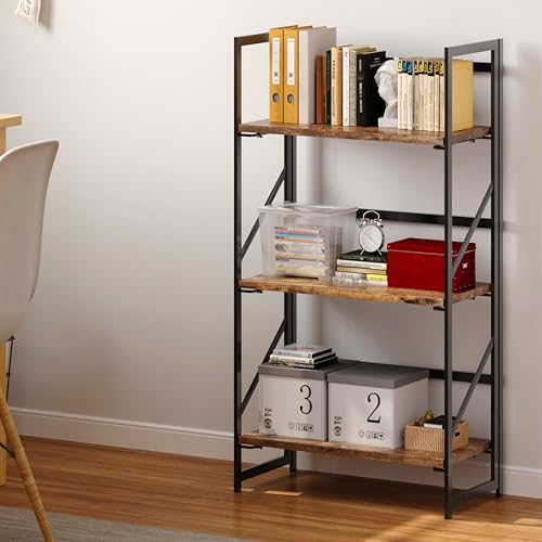Image of JSB No Assembly Folding Bookshelf, 3 Tier Industrial Metal Book Shelf for Storage, Vintage Wood Foldable Bookcase for Living Room, Bedroom, Office Organization Shelves