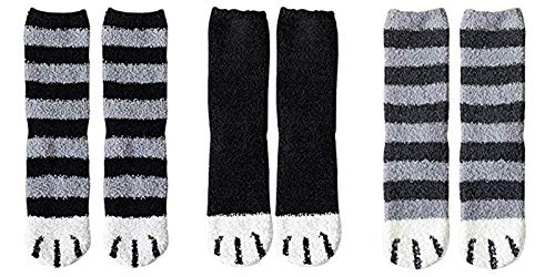 CIZEUR 3/6 Pairs Cat Socks Warm for Women Girls, Fluffy Cat Paw Pattern Socks Coral Fleece, Winter Indoor Socks Fuzzy Sleeping Socks UK 3-7 ，black