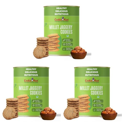 Image of CookieMan Millet Jaggery Cookies - 200g | Multigrain Biscuits with Atta, Ragi, Millets, Flax Seeds & Sesame Seeds | Healthy, Nutritious Snack, Guilt-Free Treat (Pack of 3)