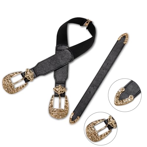 Image of Dubulle Womens Belt Chain Leather Belts Vintage Western Adjustable Elastic Double Buckle for Cowboy Pant Dress